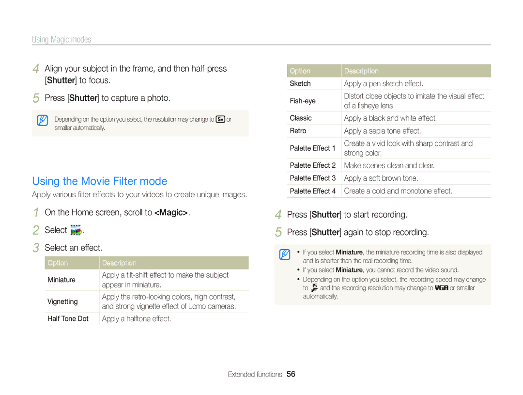 Samsung EC-DV300FBPBUS user manual Using the Movie Filter mode, On the Home screen, scroll to Magic 