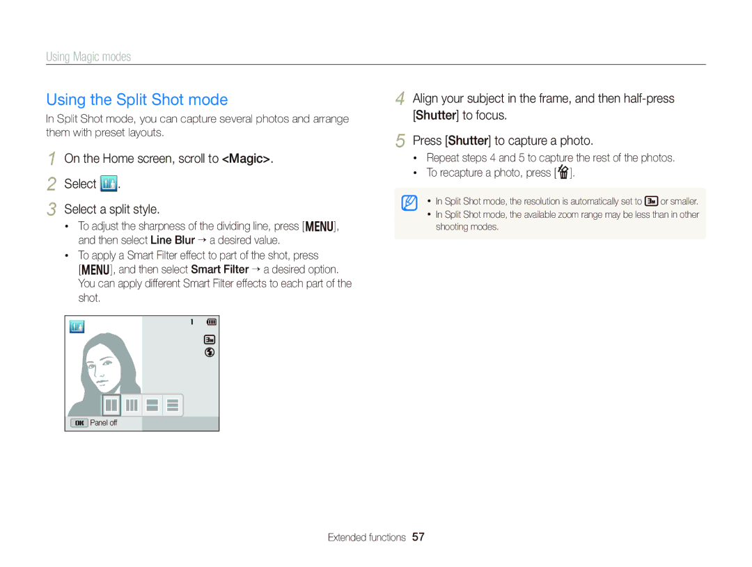 Samsung EC-DV300FBPBUS user manual Using the Split Shot mode 