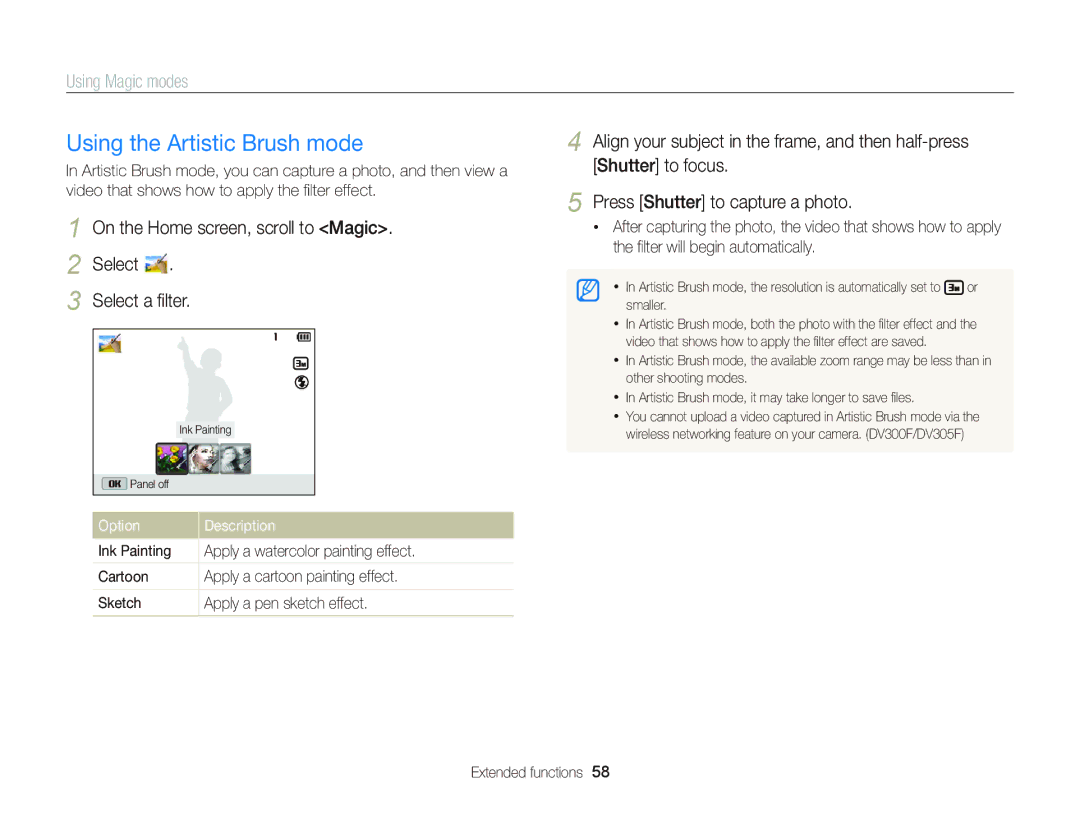 Samsung EC-DV300FBPBUS user manual Using the Artistic Brush mode, On the Home screen, scroll to Magic Select Select a ﬁlter 