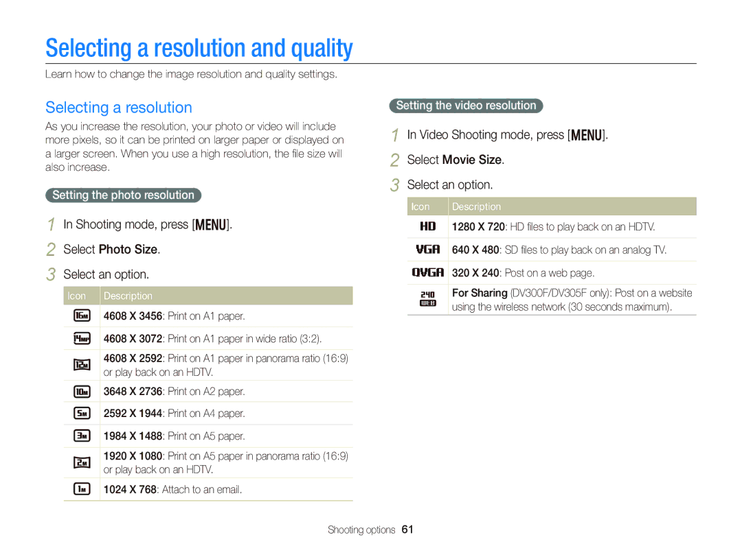 Samsung EC-DV300FBPB Selecting a resolution and quality, Shooting mode, press m Select Photo Size Select an option 