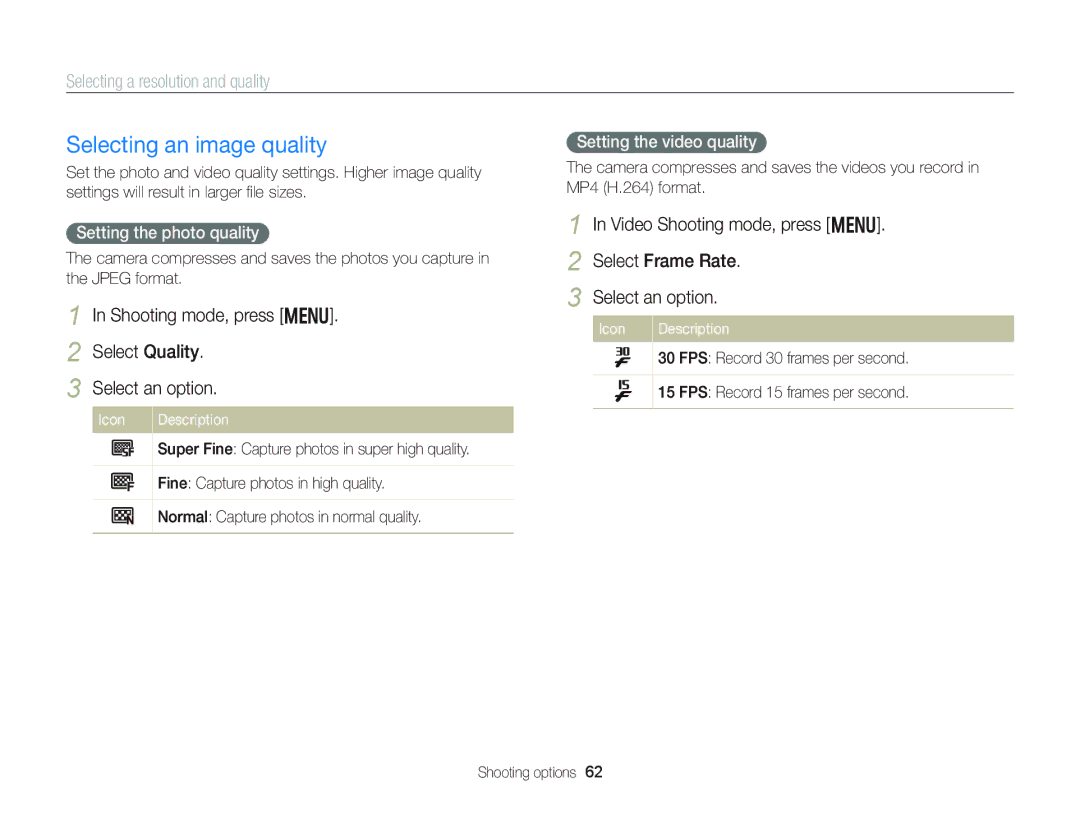 Samsung EC-DV300FBPBUS Selecting an image quality, Selecting a resolution and quality, Setting the photo quality 