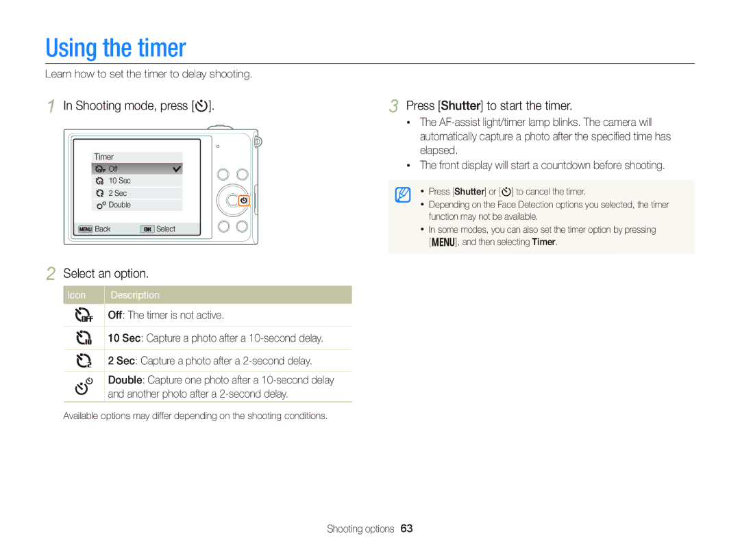 Samsung EC-DV300FBPBUS user manual Using the timer, Shooting mode, press t, Press Shutter to start the timer 