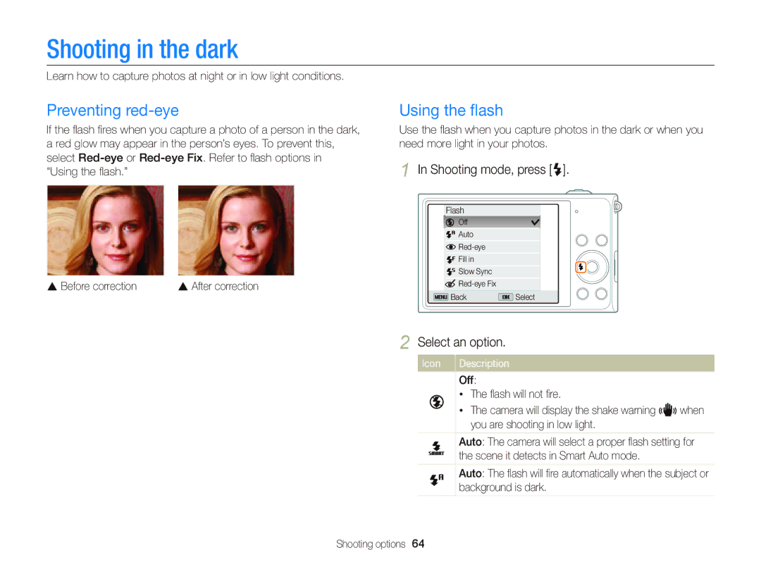 Samsung EC-DV300FBPBUS user manual Shooting in the dark, Preventing red-eye, Using the ﬂash, Shooting mode, press F 