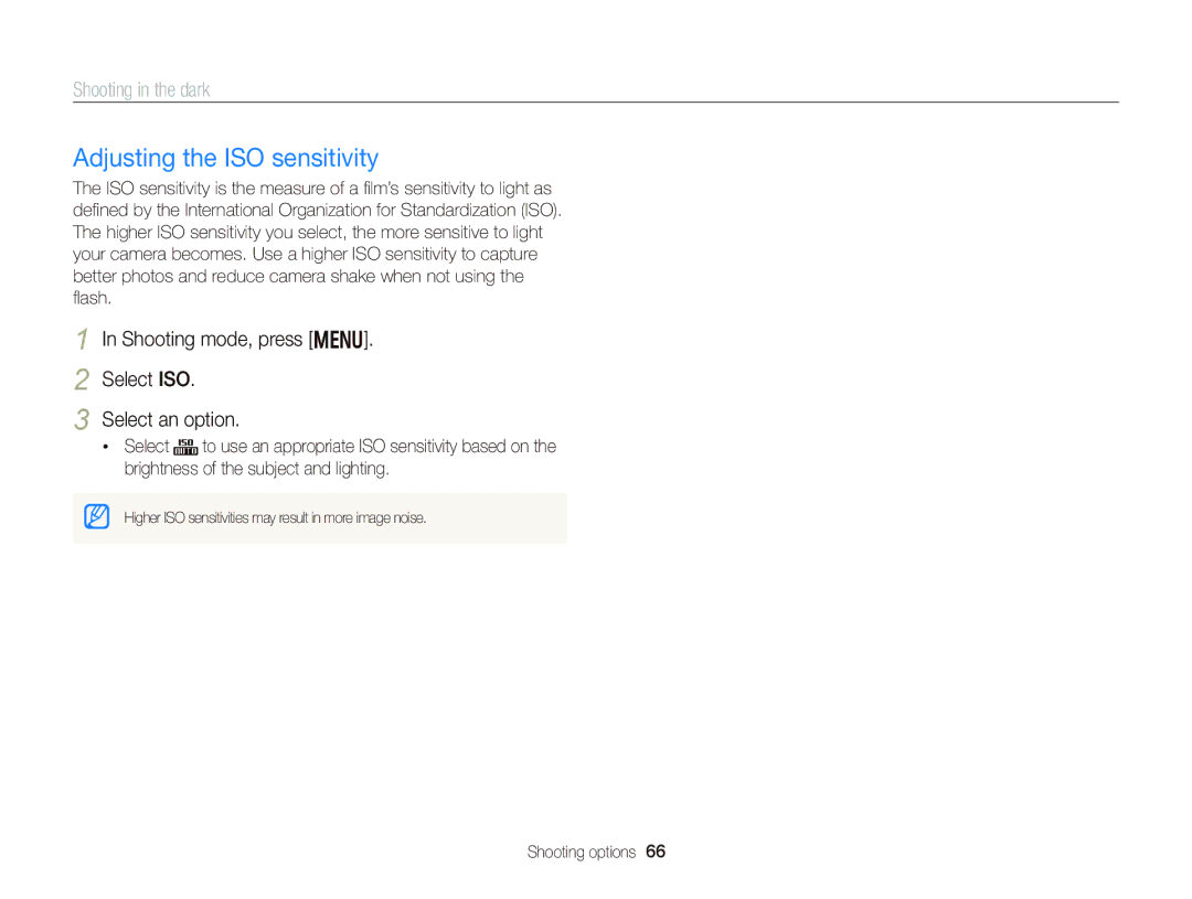 Samsung EC-DV300FBPBUS user manual Adjusting the ISO sensitivity, Shooting mode, press m Select ISO Select an option 