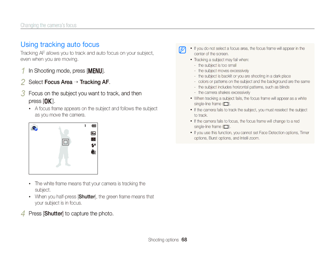 Samsung EC-DV300FBPBUS user manual Using tracking auto focus, Changing the camera’s focus 