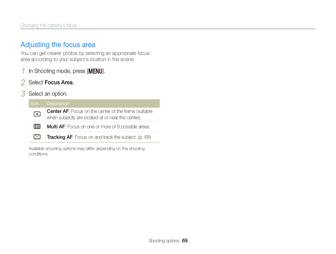 Samsung EC-DV300FBPBUS user manual Adjusting the focus area, Shooting mode, press m Select Focus Area Select an option 