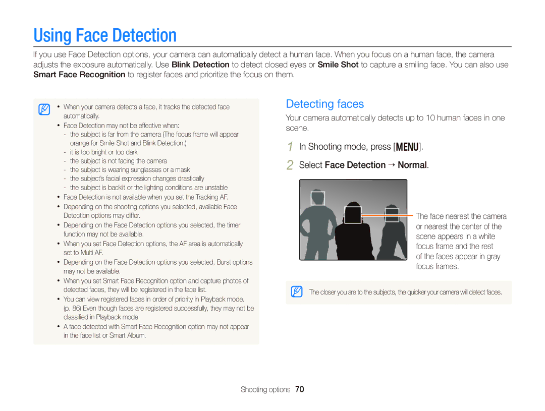 Samsung EC-DV300FBPBUS Using Face Detection, Detecting faces, Shooting mode, press m Select Face Detection “ Normal 