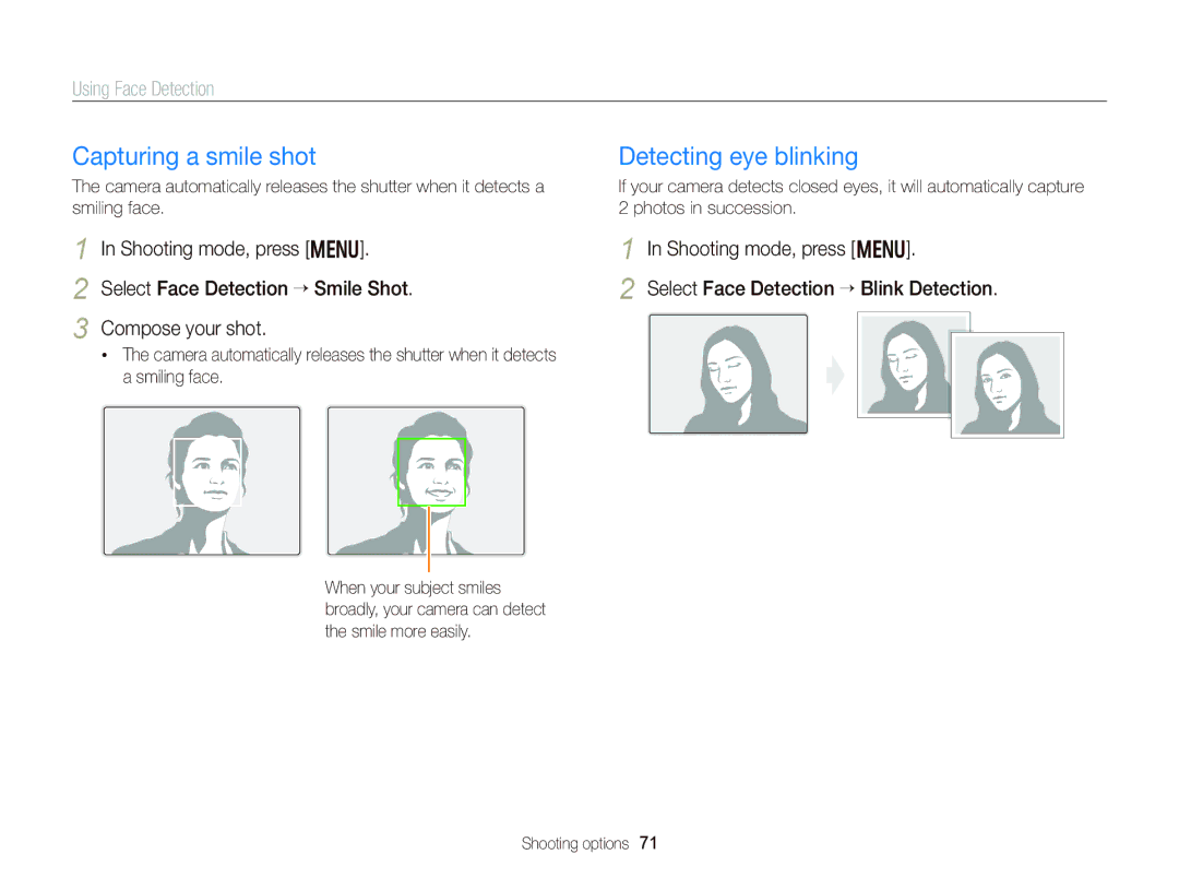 Samsung EC-DV300FBPBUS user manual Capturing a smile shot, Detecting eye blinking, Using Face Detection 