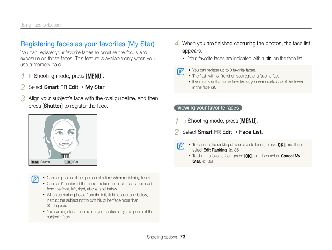 Samsung EC-DV300FBPB Registering faces as your favorites My Star, Shooting mode, press m Select Smart FR Edit “ Face List 