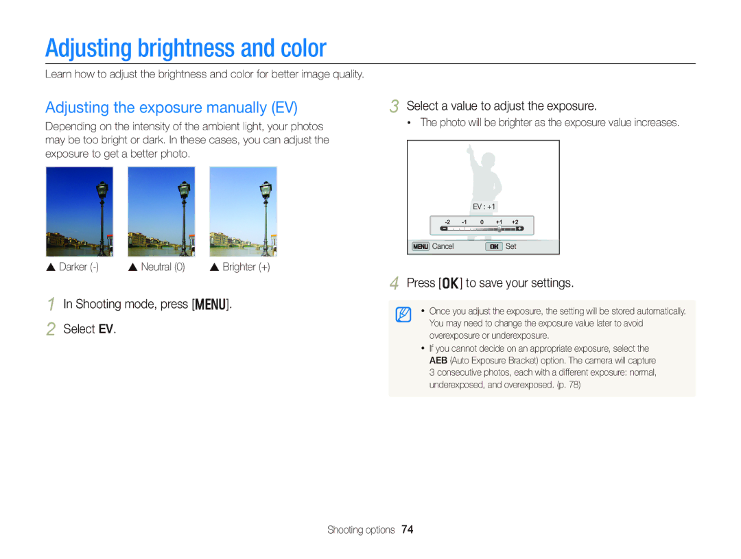 Samsung EC-DV300FBPBUS user manual Adjusting brightness and color, Adjusting the exposure manually EV 