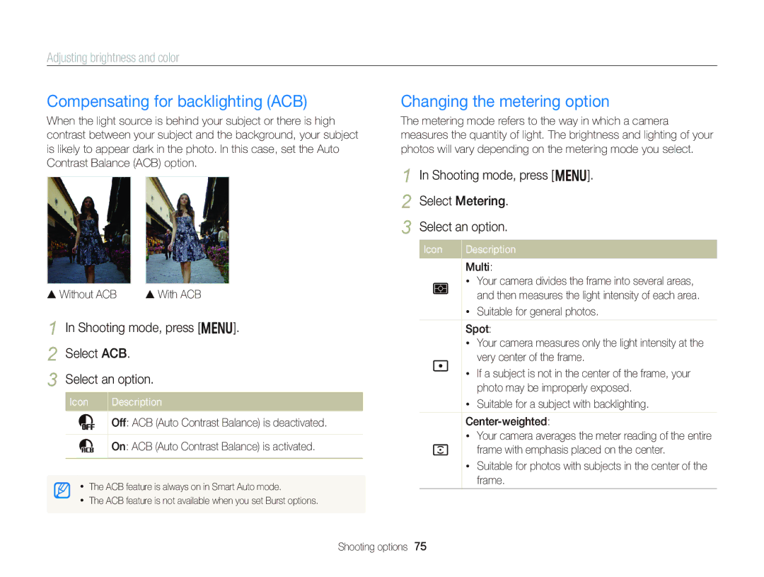 Samsung EC-DV300FBPB Compensating for backlighting ACB, Changing the metering option, Adjusting brightness and color 