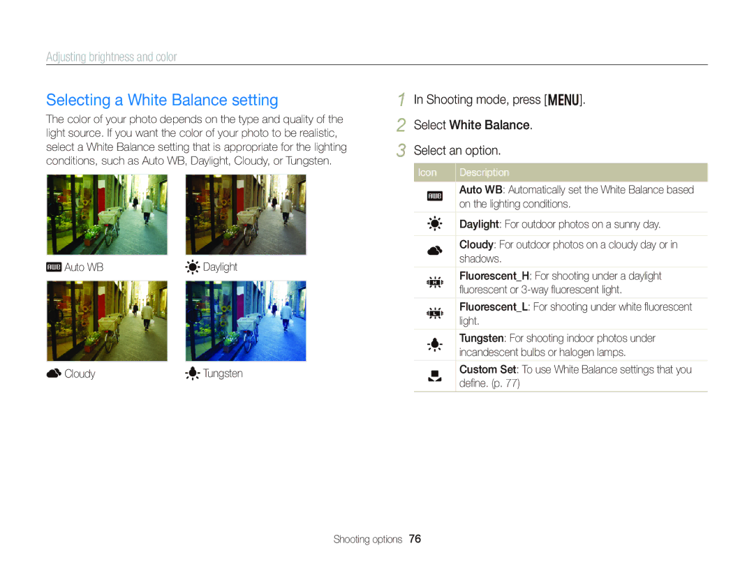 Samsung EC-DV300FBPBUS user manual Selecting a White Balance setting 