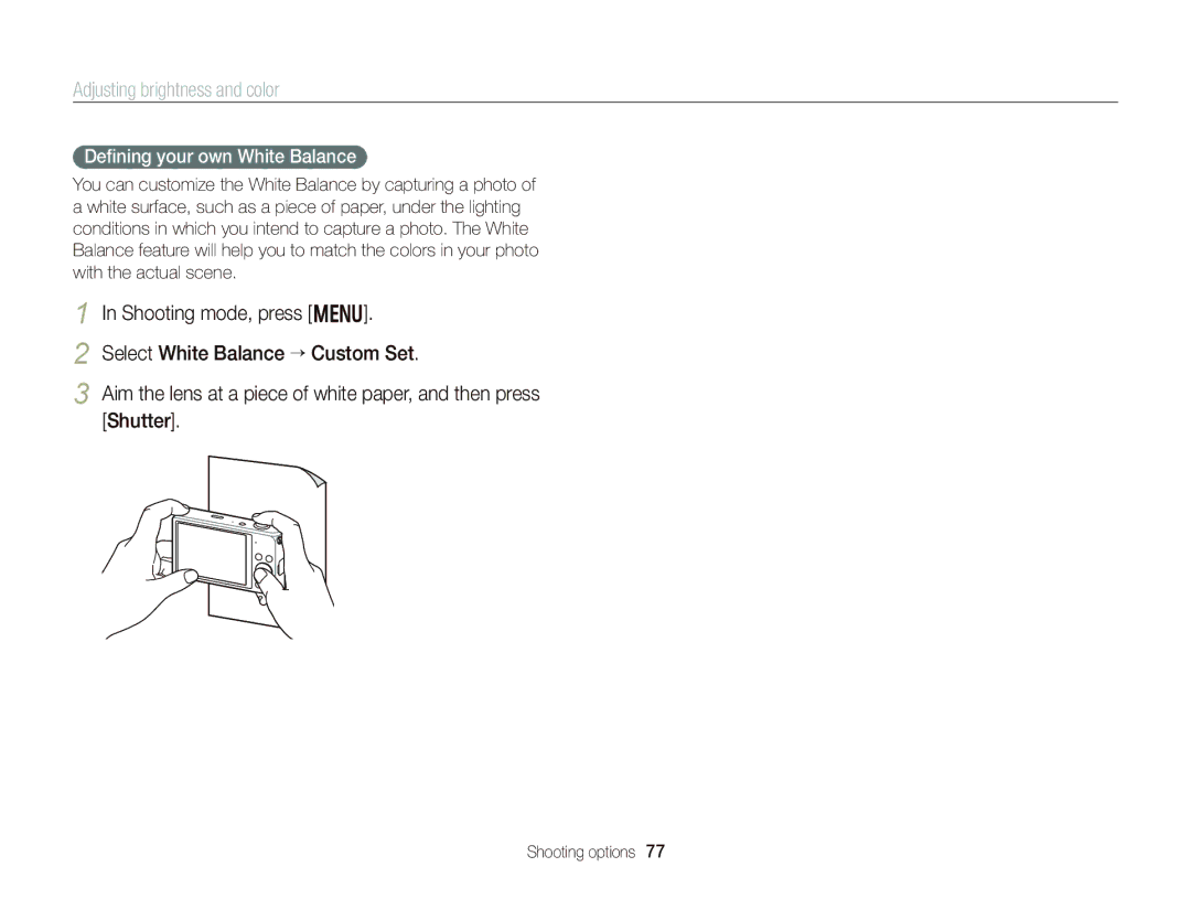 Samsung EC-DV300FBPBUS user manual Deﬁning your own White Balance 