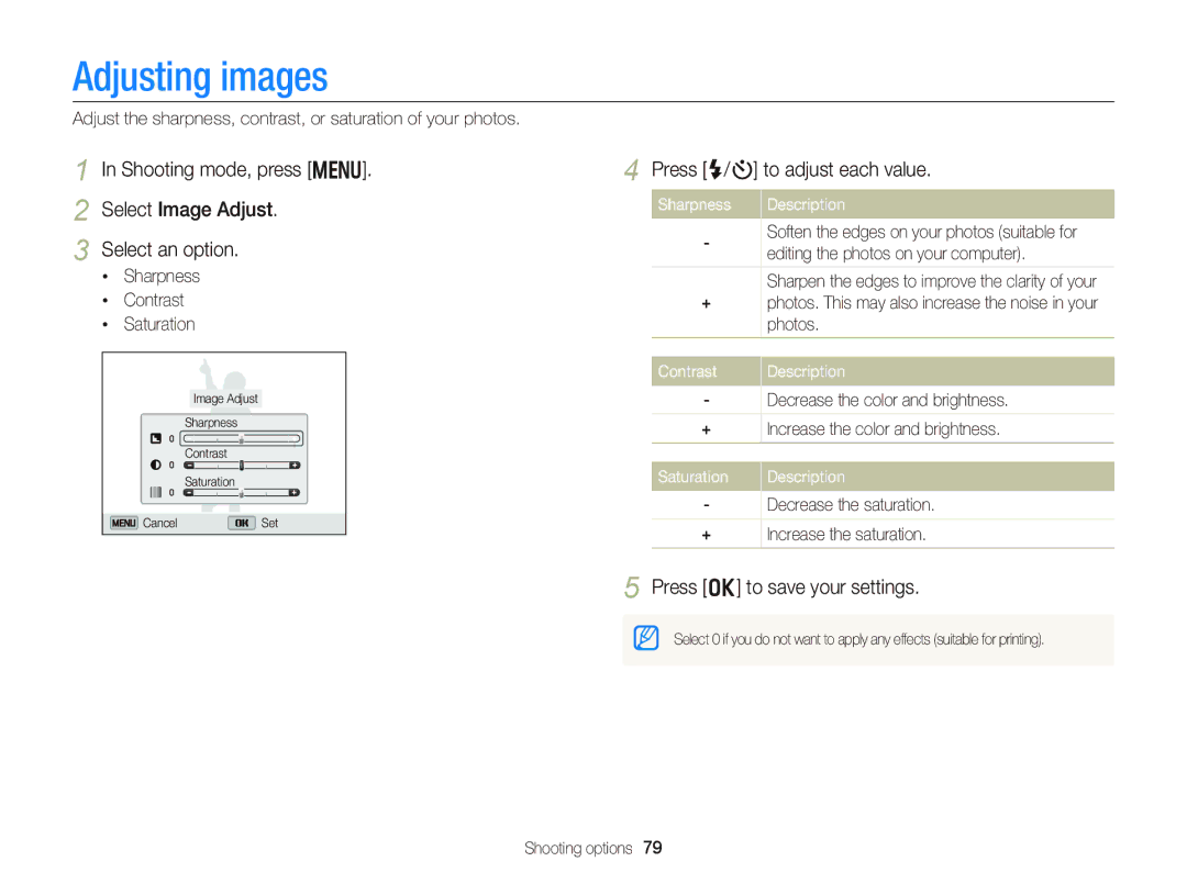 Samsung EC-DV300FBPBUS user manual Adjusting images, Shooting mode, press m Select Image Adjust Select an option 