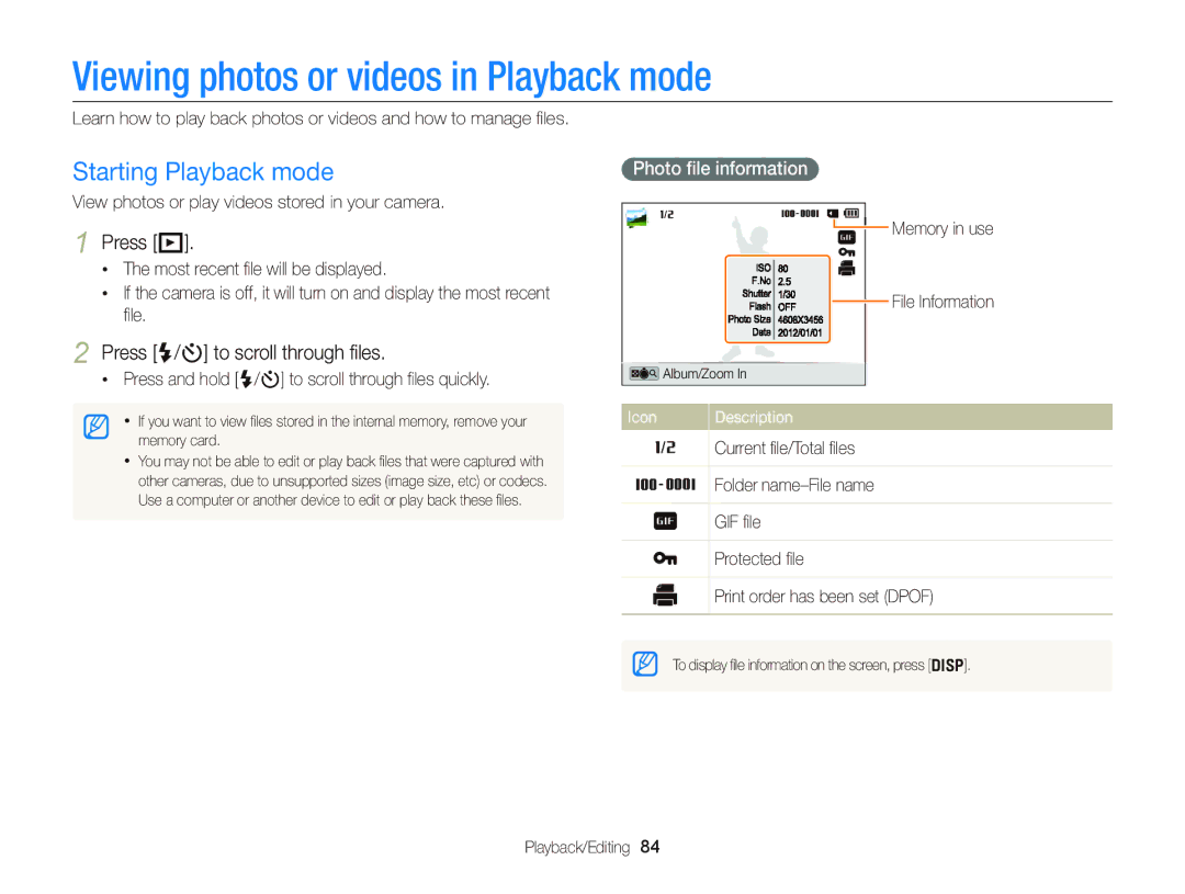 Samsung EC-DV300FBPBUS Viewing photos or videos in Playback mode, Starting Playback mode, Press P, Photo ﬁle information 