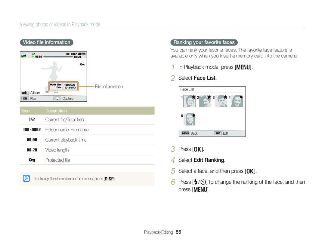 Samsung EC-DV300FBPBUS user manual Viewing photos or videos in Playback mode, Playback mode, press m Select Face List 