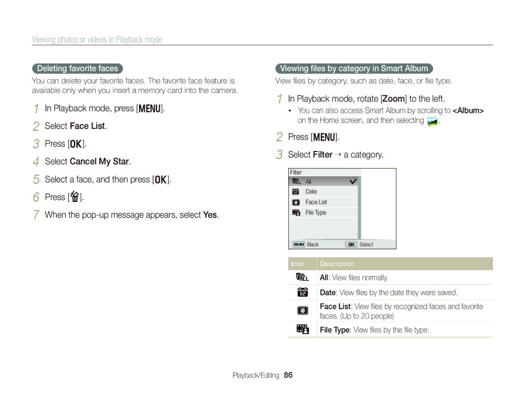 Samsung EC-DV300FBPBUS user manual Playback mode, rotate Zoom to the left, Deleting favorite faces 