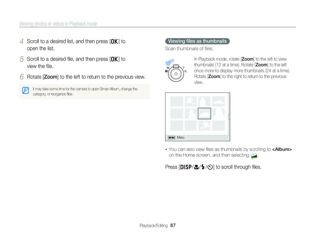 Samsung EC-DV300FBPBUS user manual Press D/c/F/t to scroll through ﬁles, Viewing ﬁles as thumbnails 