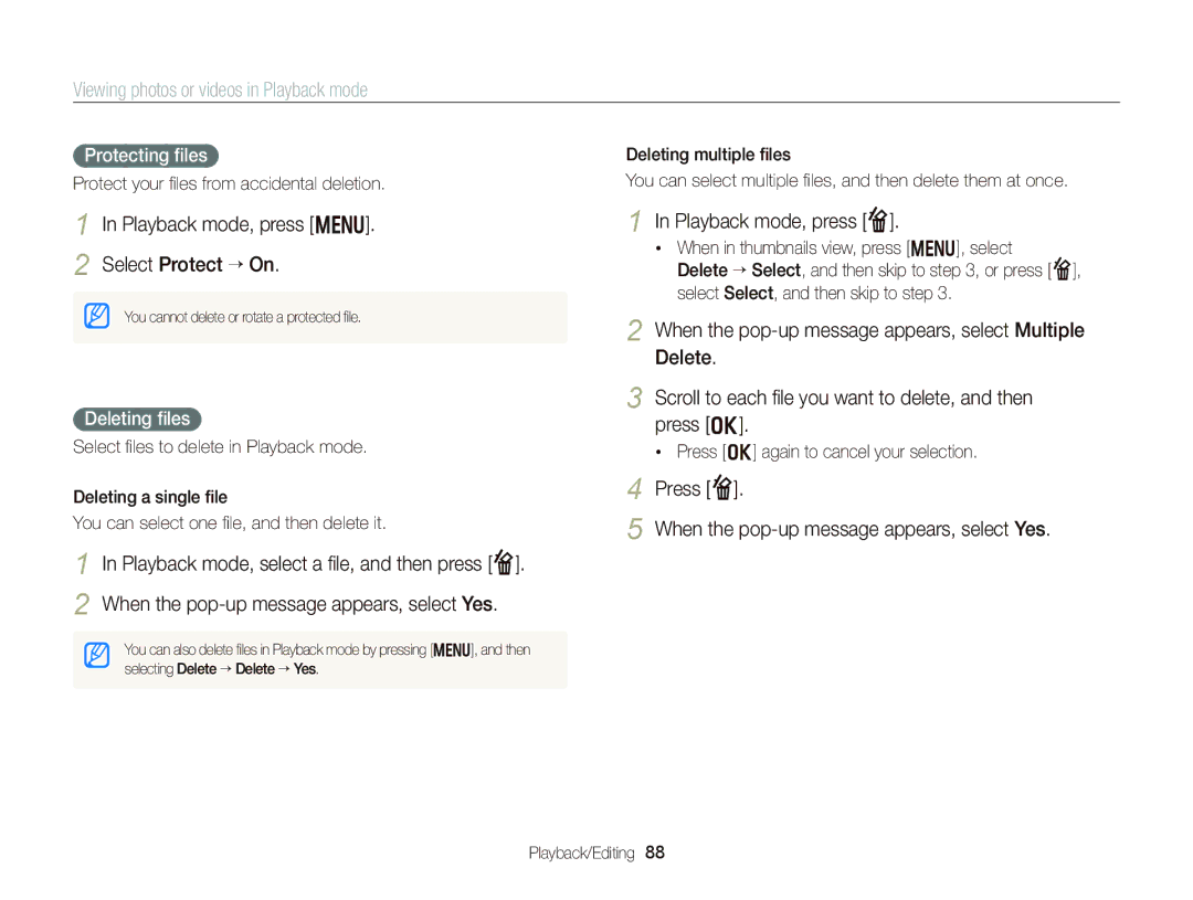 Samsung EC-DV300FBPBUS user manual Playback mode, press m Select Protect “ On, Playback mode, press f, Deleting ﬁles 