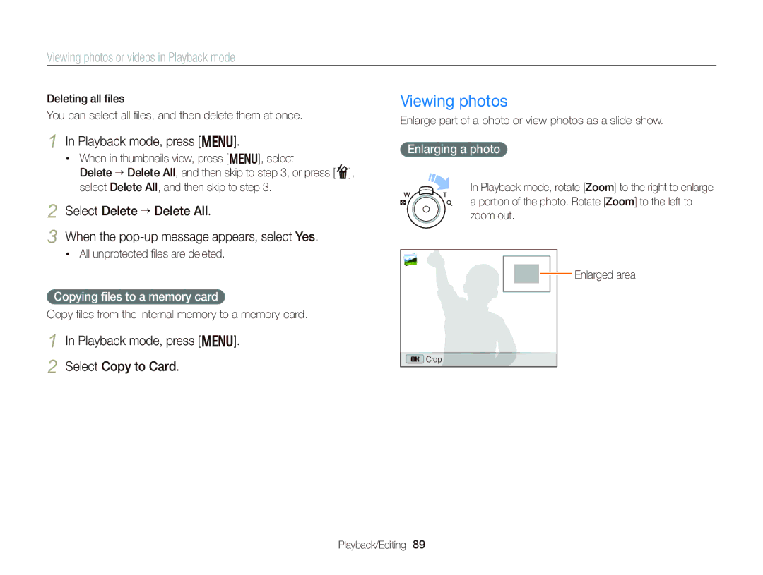 Samsung EC-DV300FBPB Viewing photos, Playback mode, press m Select Copy to Card, Copying ﬁles to a memory card 