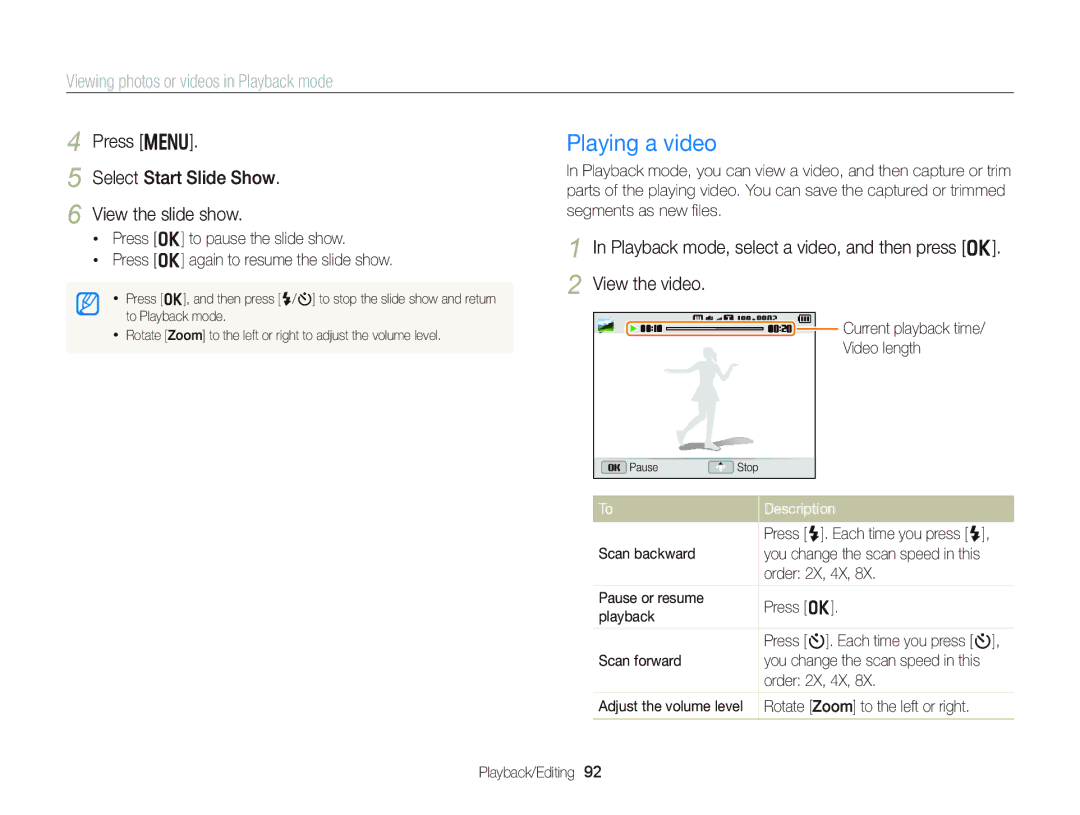 Samsung EC-DV300FBPBUS user manual Playing a video, Press m Select Start Slide Show View the slide show 