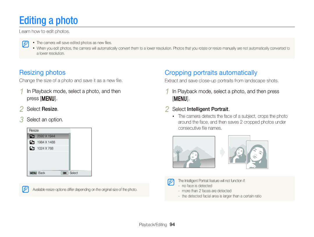 Samsung EC-DV300FBPBUS user manual Editing a photo, Resizing photos, Cropping portraits automatically 