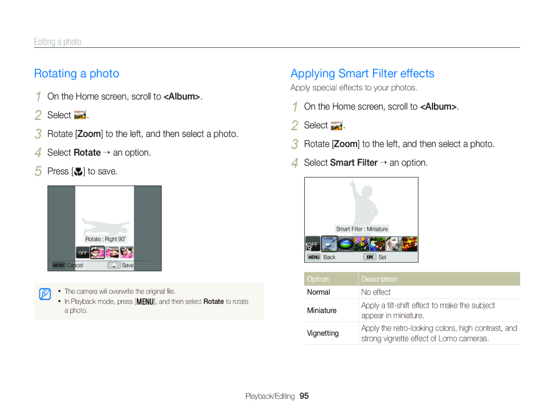 Samsung EC-DV300FBPB Rotating a photo, Applying Smart Filter effects, Editing a photo, Normal No effect Miniature 