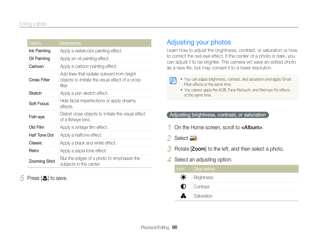 Samsung EC-DV300FBPBUS Adjusting your photos, Adjusting brightness, contrast, or saturation, ﬁlter, Subjects in the center 