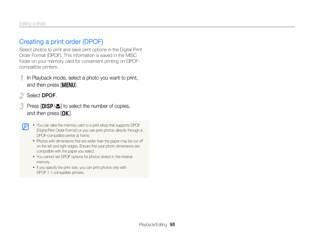 Samsung EC-DV300FBPBUS user manual Creating a print order Dpof 