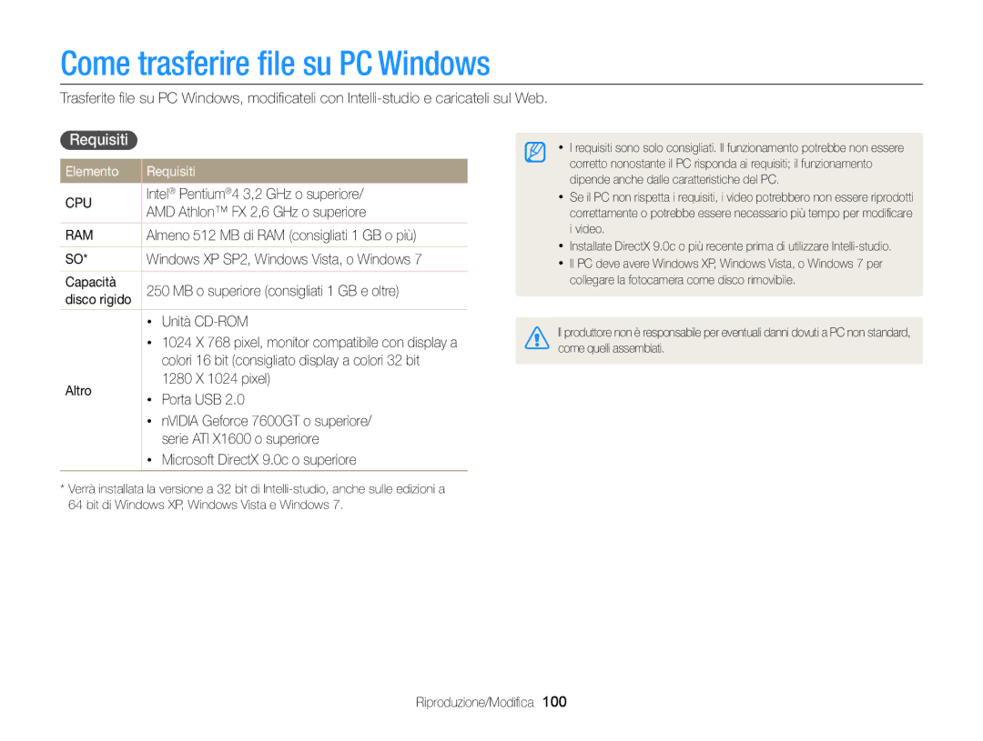 Samsung EC-DV300FBPUE1, EC-DV300FBPBE1, EC-DV300FDDUME manual Come trasferire ﬁle su PC Windows, Elemento Requisiti 