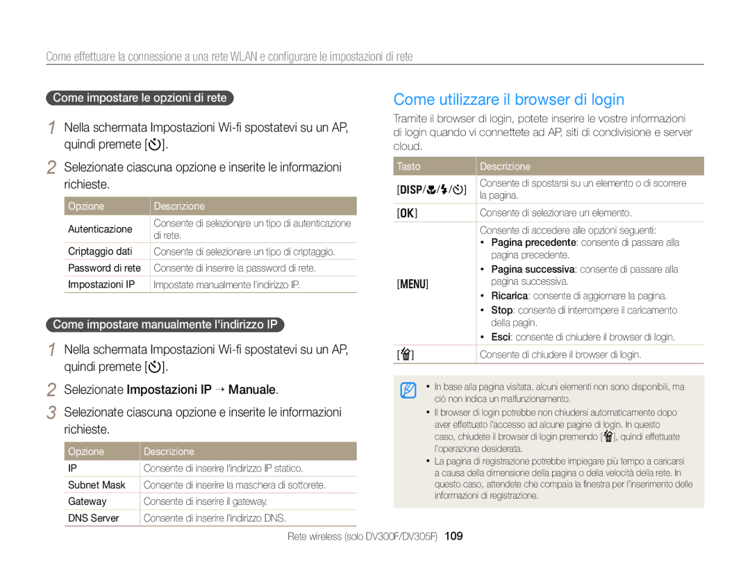 Samsung EC-DV300FBPBE1 manual Come utilizzare il browser di login, Nella schermata Impostazioni Wi-ﬁ spostatevi su un AP 