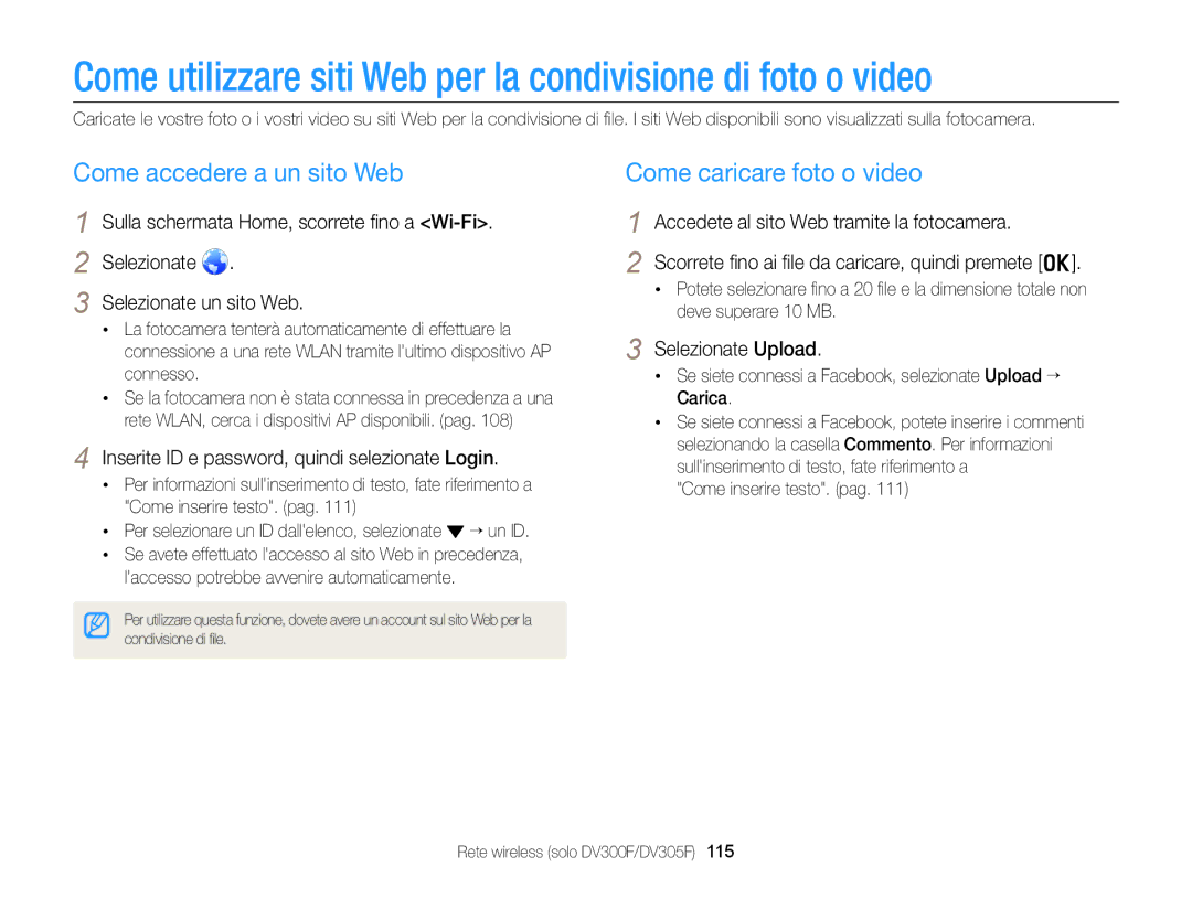 Samsung EC-DV300FBPUE1, EC-DV300FBPBE1 manual Come accedere a un sito Web, Come caricare foto o video, Selezionate Upload 