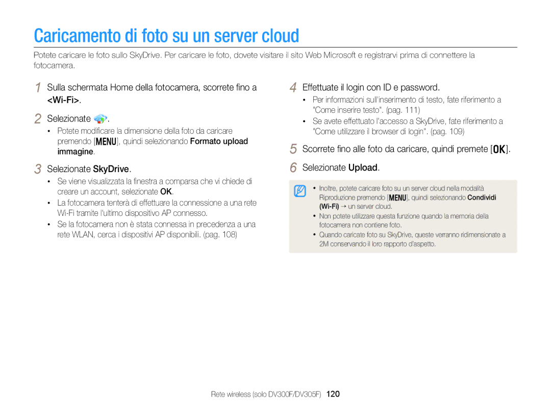 Samsung EC-DV300FBPUE1 Caricamento di foto su un server cloud, Selezionate SkyDrive, Effettuate il login con ID e password 