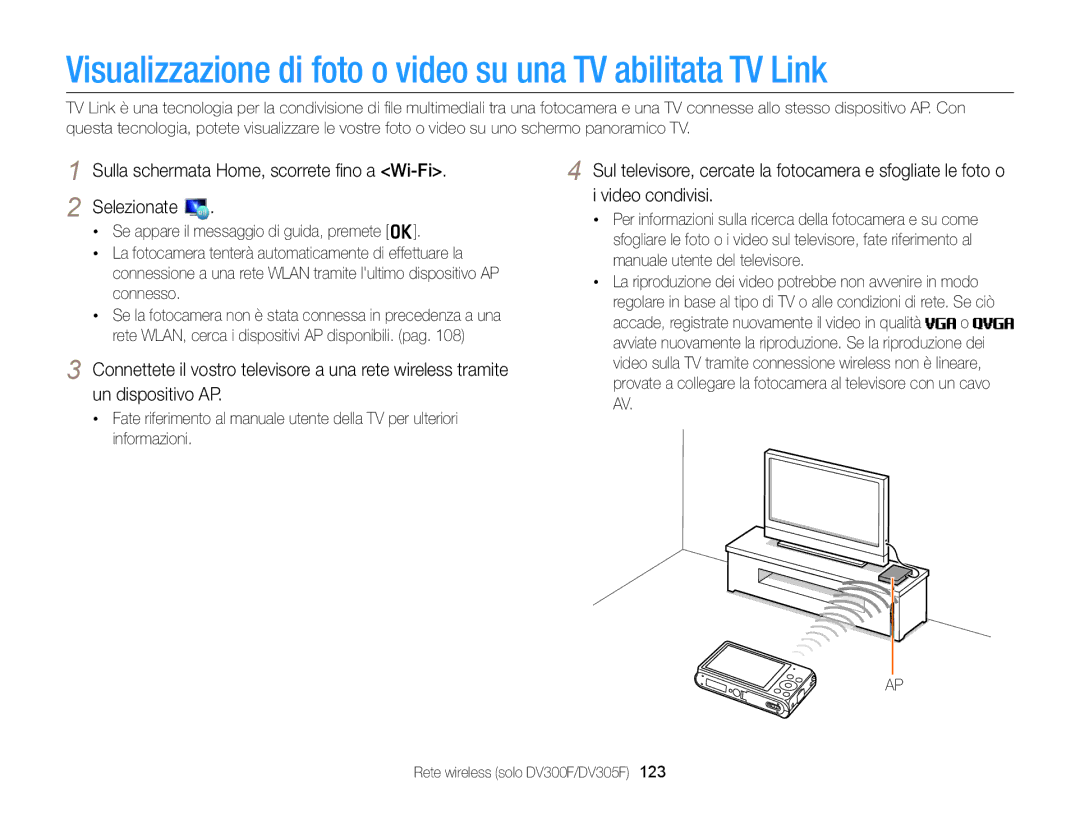 Samsung EC-DV300FDDBME, EC-DV300FBPBE1, EC-DV300FBPUE1 manual Visualizzazione di foto o video su una TV abilitata TV Link 