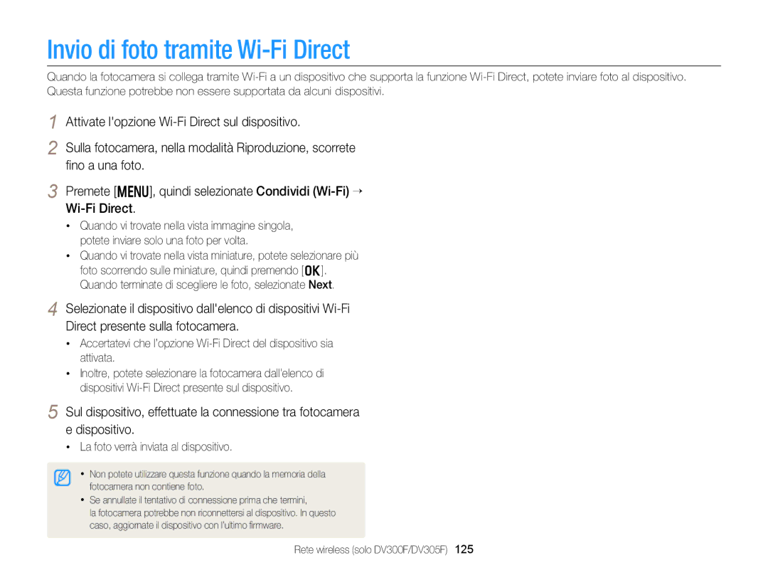 Samsung EC-DV300FBPUE1, EC-DV300FBPBE1 manual Invio di foto tramite Wi-Fi Direct, La foto verrà inviata al dispositivo 