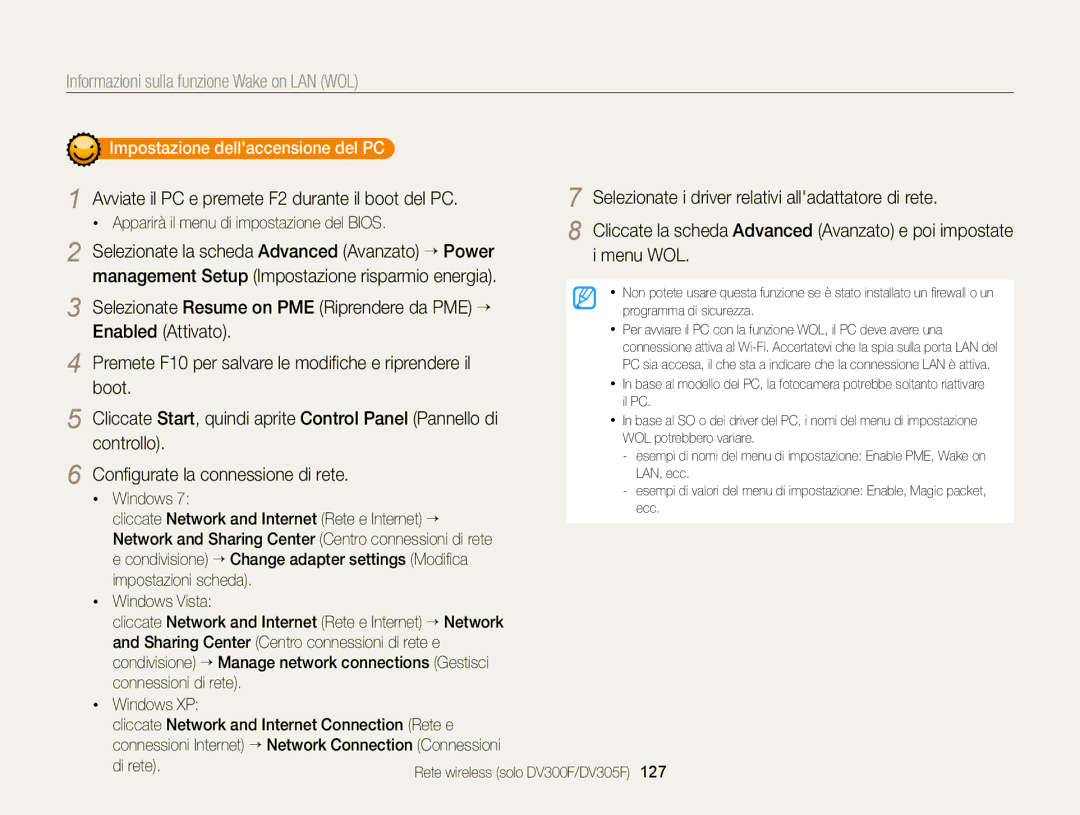 Samsung EC-DV300FDDRME, EC-DV300FBPBE1, EC-DV300FBPUE1, EC-DV300FDDUME manual Informazioni sulla funzione Wake on LAN WOL 