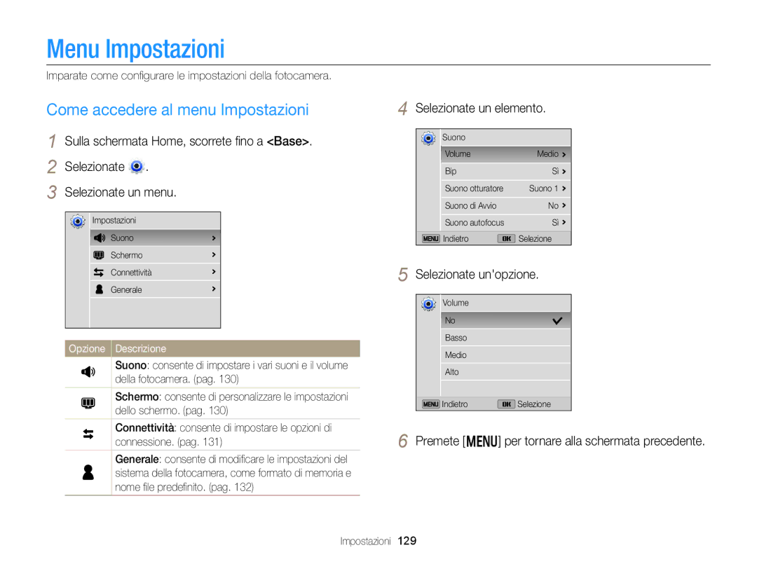 Samsung EC-DV300FBPBE1, EC-DV300FBPUE1 manual Menu Impostazioni, Come accedere al menu Impostazioni, Selezionate un elemento 