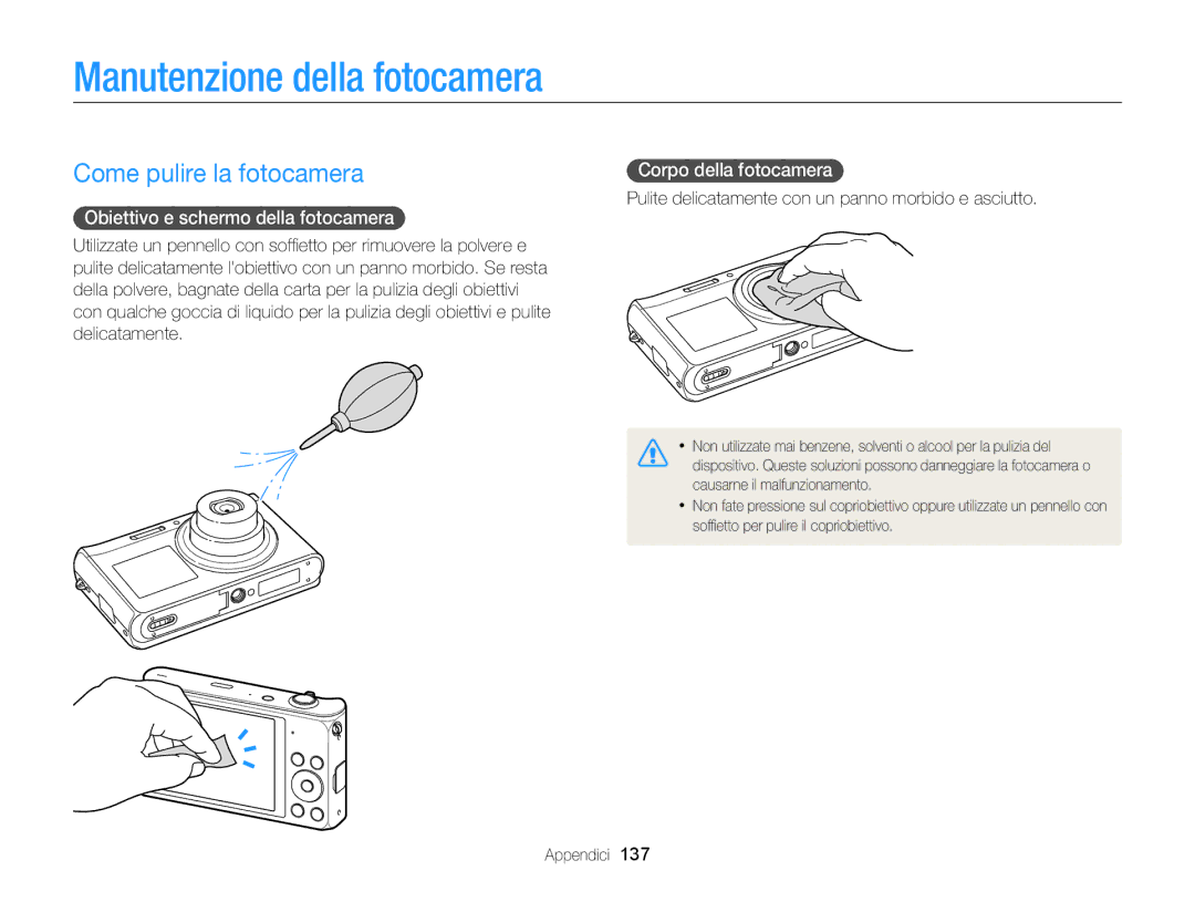 Samsung EC-DV300FDDRME Manutenzione della fotocamera, Come pulire la fotocamera, Obiettivo e schermo della fotocamera 