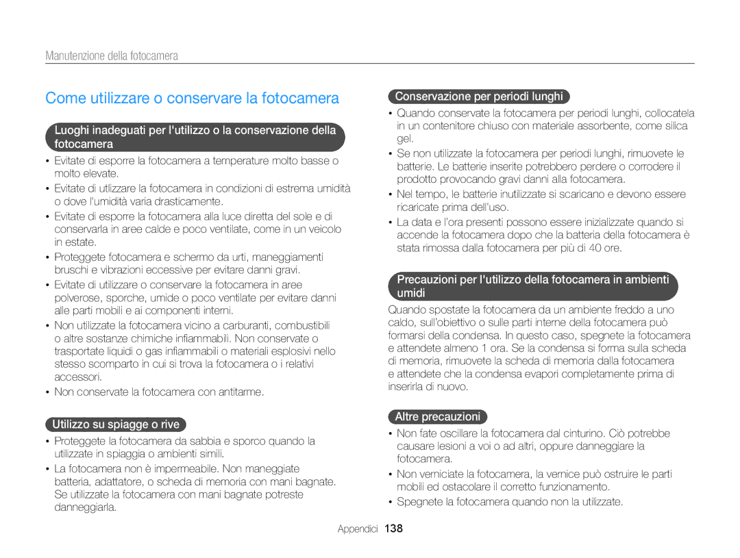 Samsung EC-DV300FDDBME manual Come utilizzare o conservare la fotocamera, Manutenzione della fotocamera, Altre precauzioni 