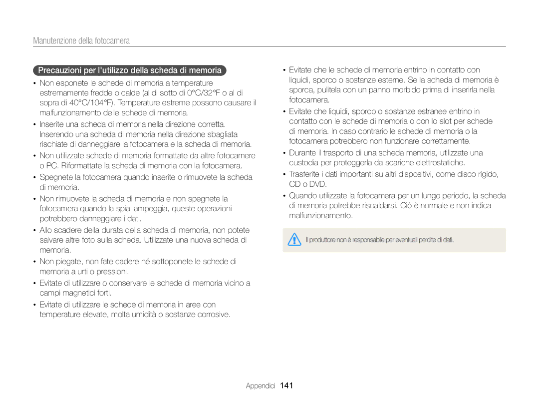 Samsung EC-DV300FDDUME, EC-DV300FBPBE1, EC-DV300FBPUE1, EC-DV300FDDRME Precauzioni per lutilizzo della scheda di memoria 