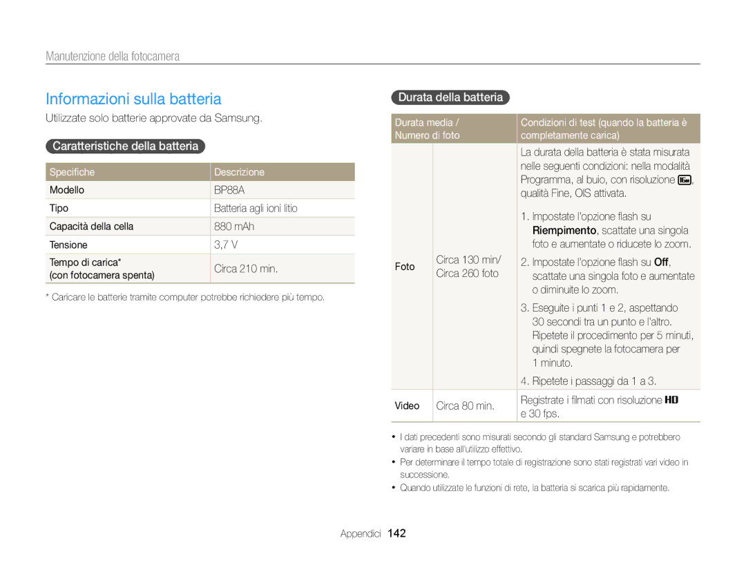 Samsung EC-DV300FDDRME, EC-DV300FBPBE1 Informazioni sulla batteria, Caratteristiche della batteria, Durata della batteria 