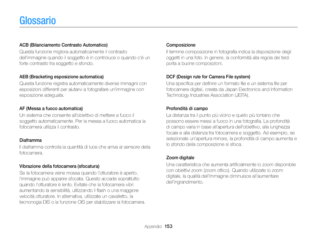 Samsung EC-DV300FDDBME, EC-DV300FBPBE1, EC-DV300FBPUE1, EC-DV300FDDUME, EC-DV300FDDRME manual Glossario 