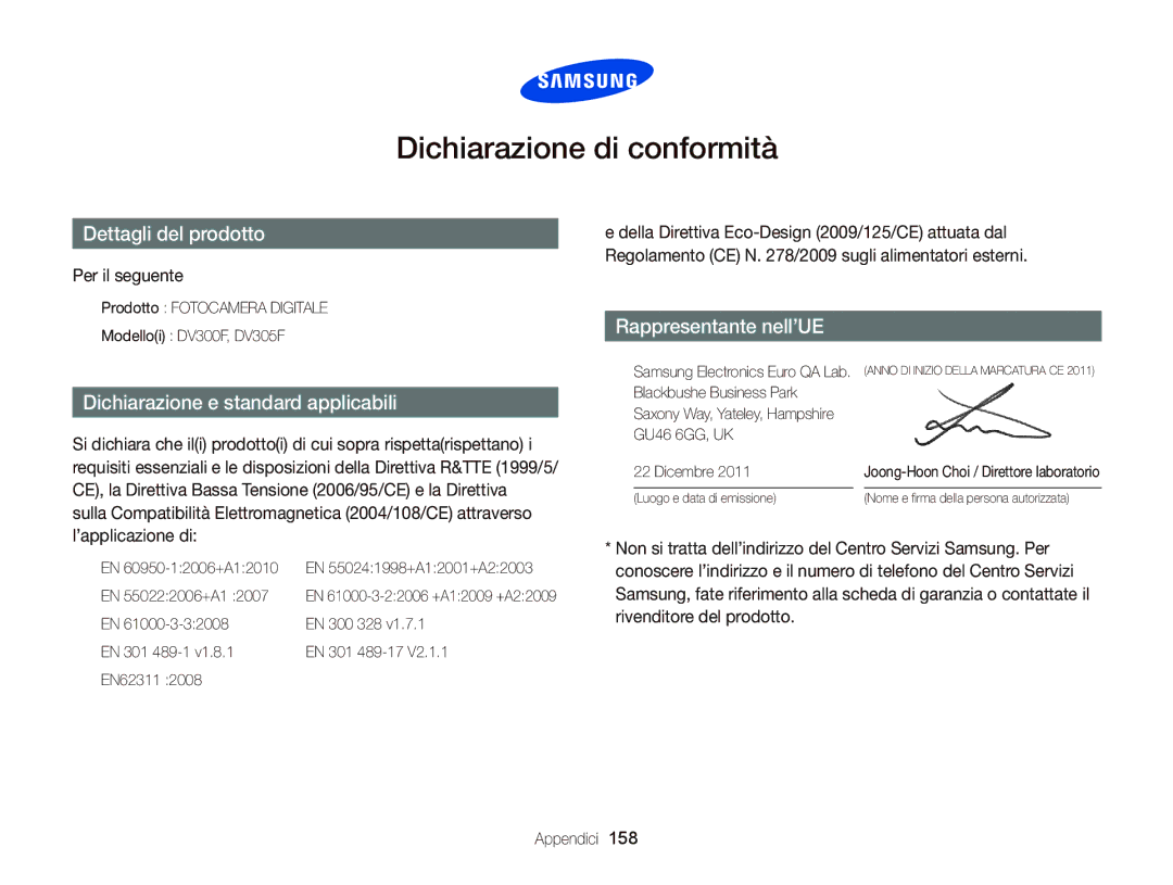 Samsung EC-DV300FDDBME, EC-DV300FBPBE1, EC-DV300FBPUE1, EC-DV300FDDUME manual Dichiarazione di conformità, Per il seguente 