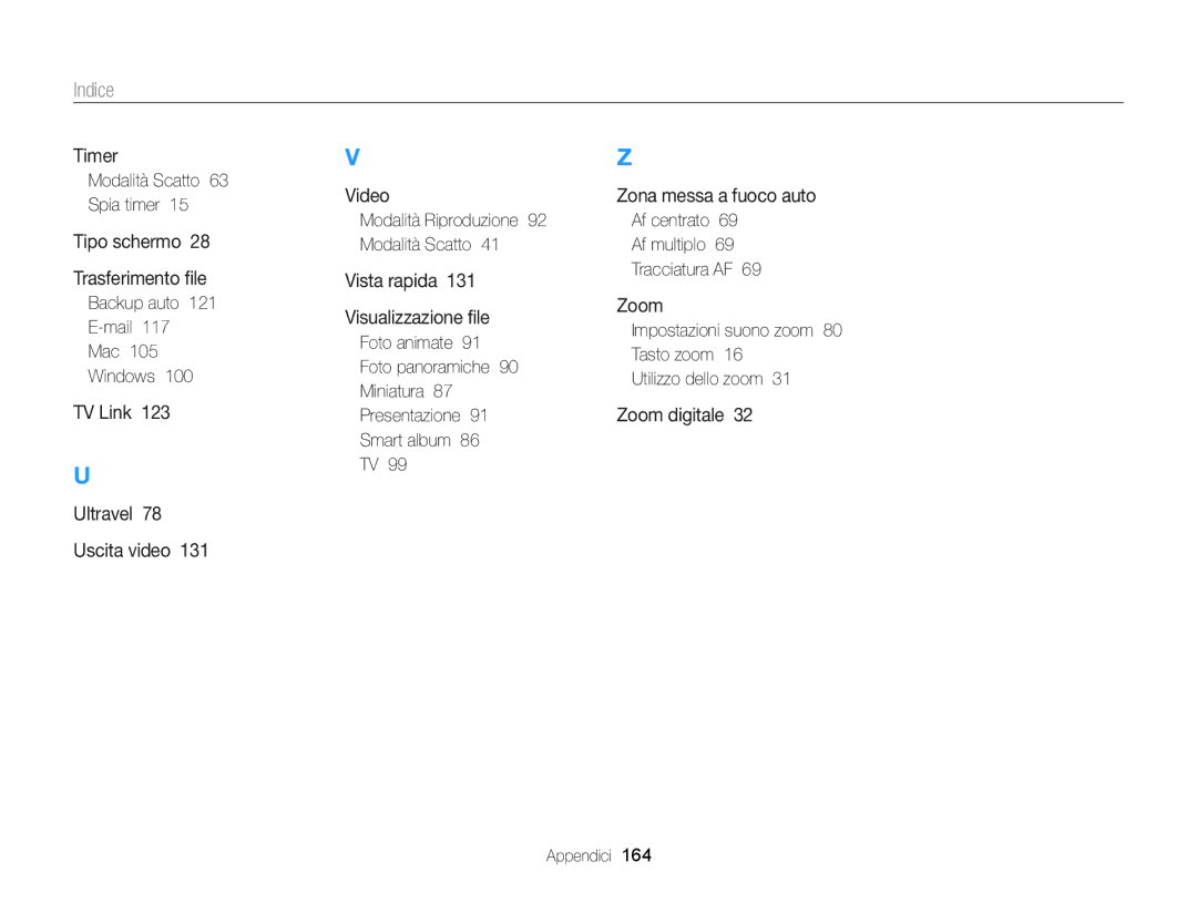 Samsung EC-DV300FBPBE1 Modalità Scatto 63 Spia timer, Backup auto 121 E-mail 117 Mac 105 Windows, Modalità Riproduzione 