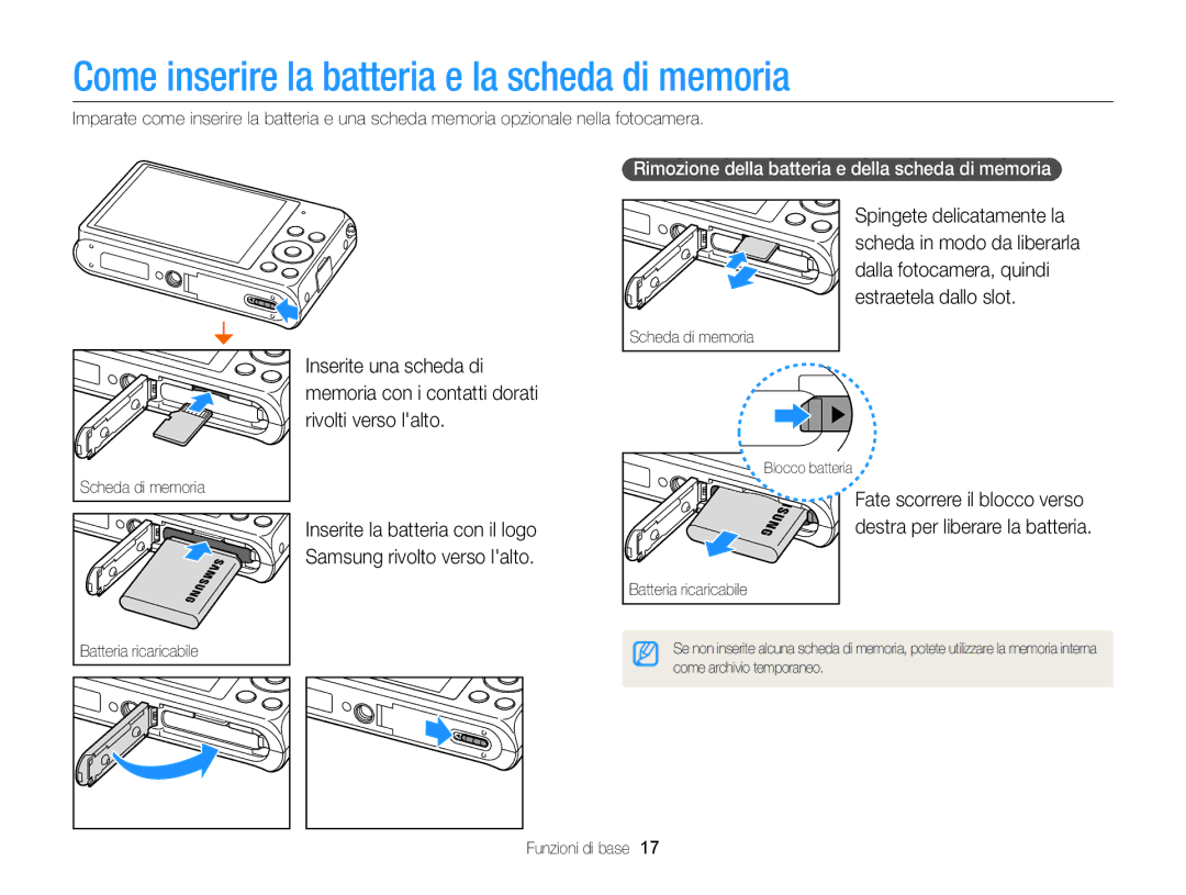 Samsung EC-DV300FDDRME, EC-DV300FBPBE1, EC-DV300FBPUE1, EC-DV300FDDUME manual Come inserire la batteria e la scheda di memoria 