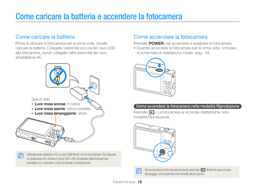 Samsung EC-DV300FDDBME, EC-DV300FBPBE1 Come caricare la batteria e accendere la fotocamera, Come accendere la fotocamera 