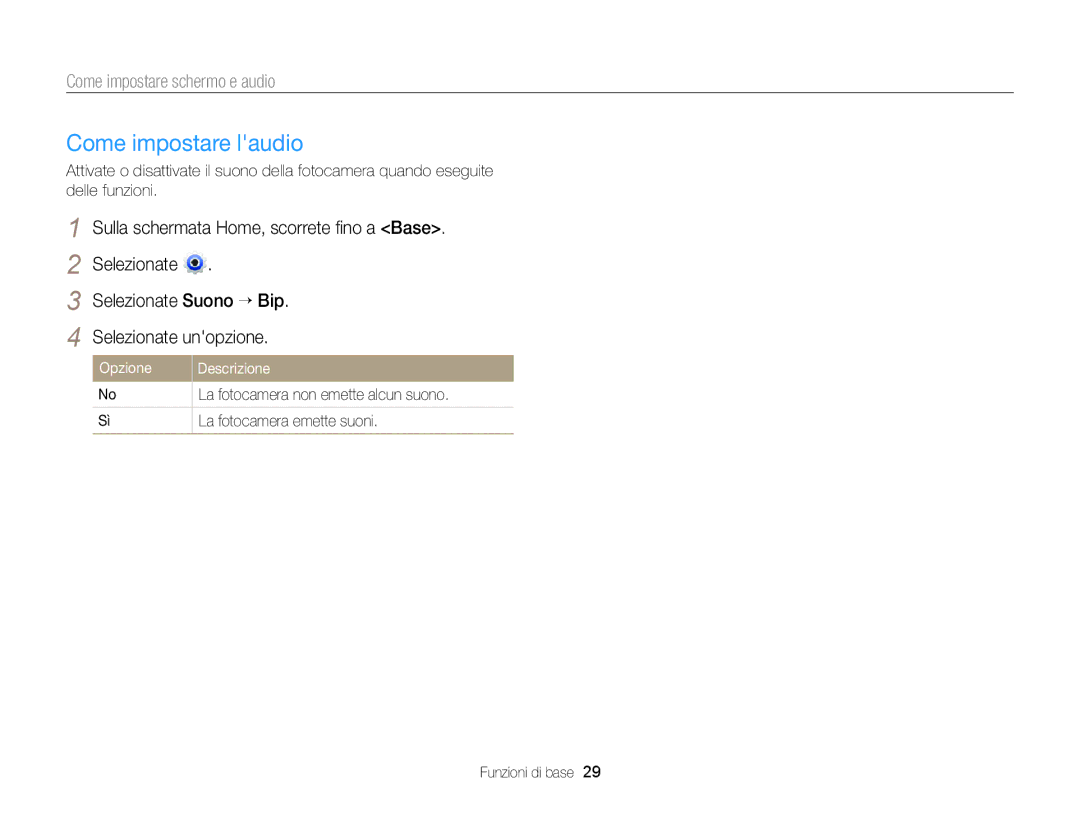 Samsung EC-DV300FBPBE1 manual Come impostare laudio, Come impostare schermo e audio, La fotocamera non emette alcun suono 