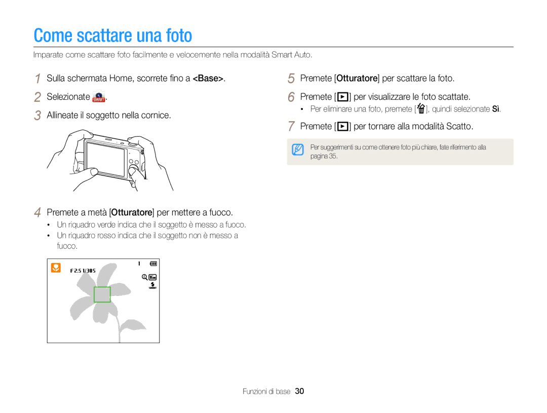 Samsung EC-DV300FBPUE1, EC-DV300FBPBE1, EC-DV300FDDUME Come scattare una foto, Premete P per tornare alla modalità Scatto 