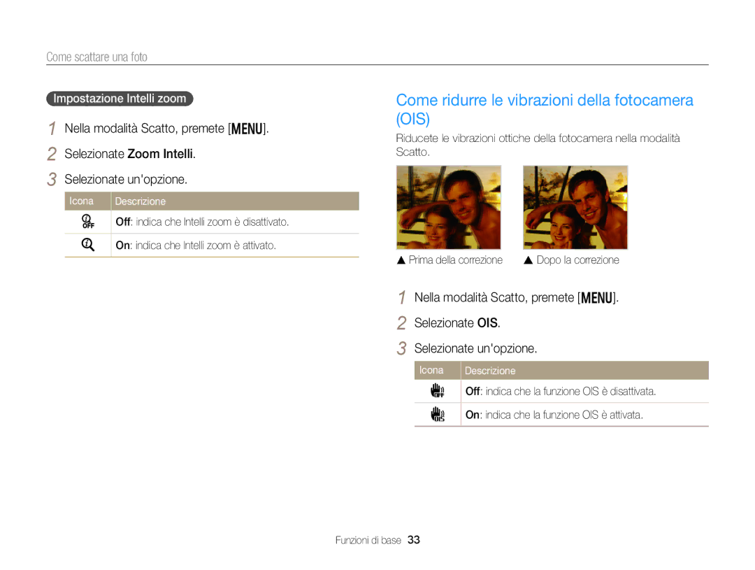Samsung EC-DV300FDDBME, EC-DV300FBPBE1 manual Come ridurre le vibrazioni della fotocamera OIS, Impostazione Intelli zoom 