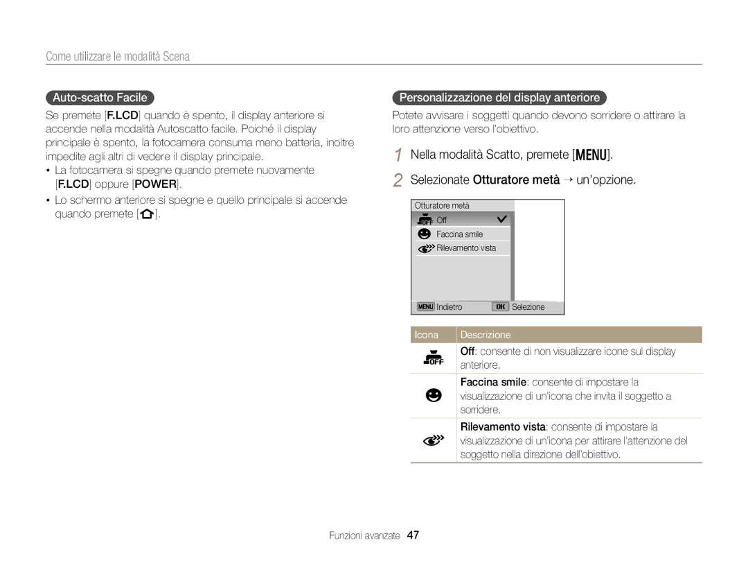 Samsung EC-DV300FDDRME, EC-DV300FBPBE1, EC-DV300FBPUE1 manual Auto-scatto Facile, Personalizzazione del display anteriore 